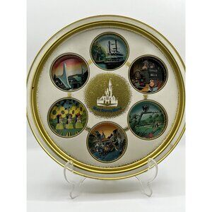 Walt Disney Vintage Metal Tin serving tray 70's with 6 drink holders 11"